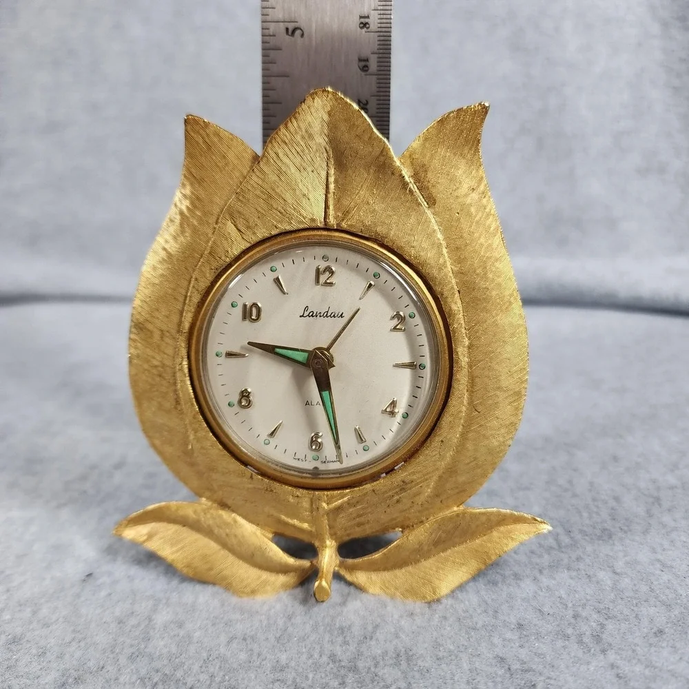 Vintage Landau Tulip Alarm Clock West Germany Gold Tone Hana‎ Glow Hands